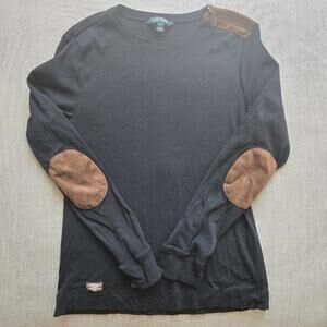 Ralph Lauren Black Pullover Top with Brown Elbow Patches & Zipper Detail Large